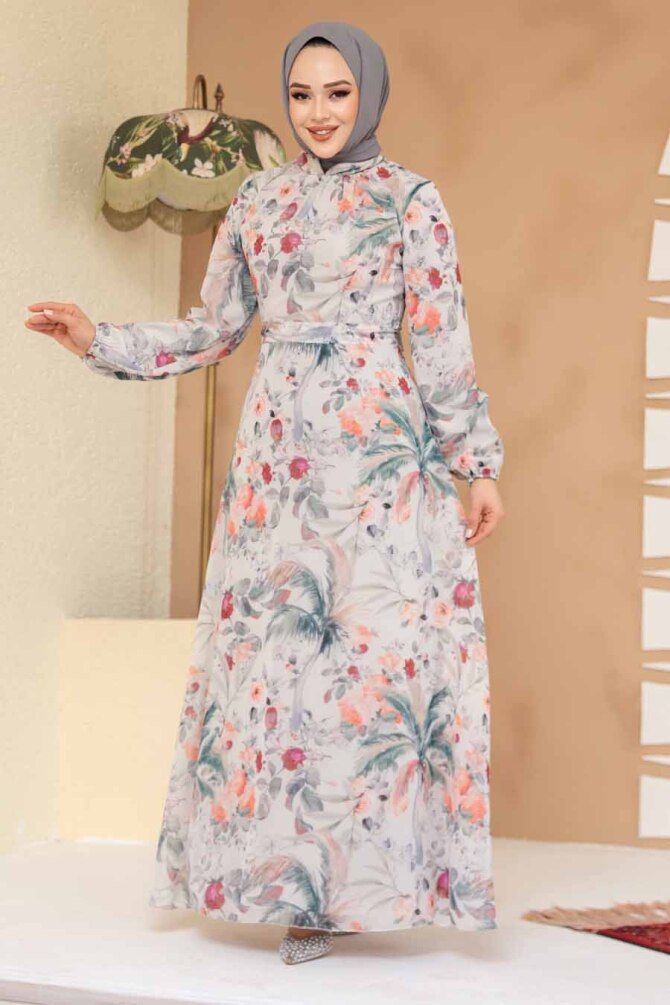 Çiçek Desenli Ekru Tesettür Elbise 27988E - 2
