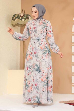Çiçek Desenli Ekru Tesettür Elbise 27988E - 3