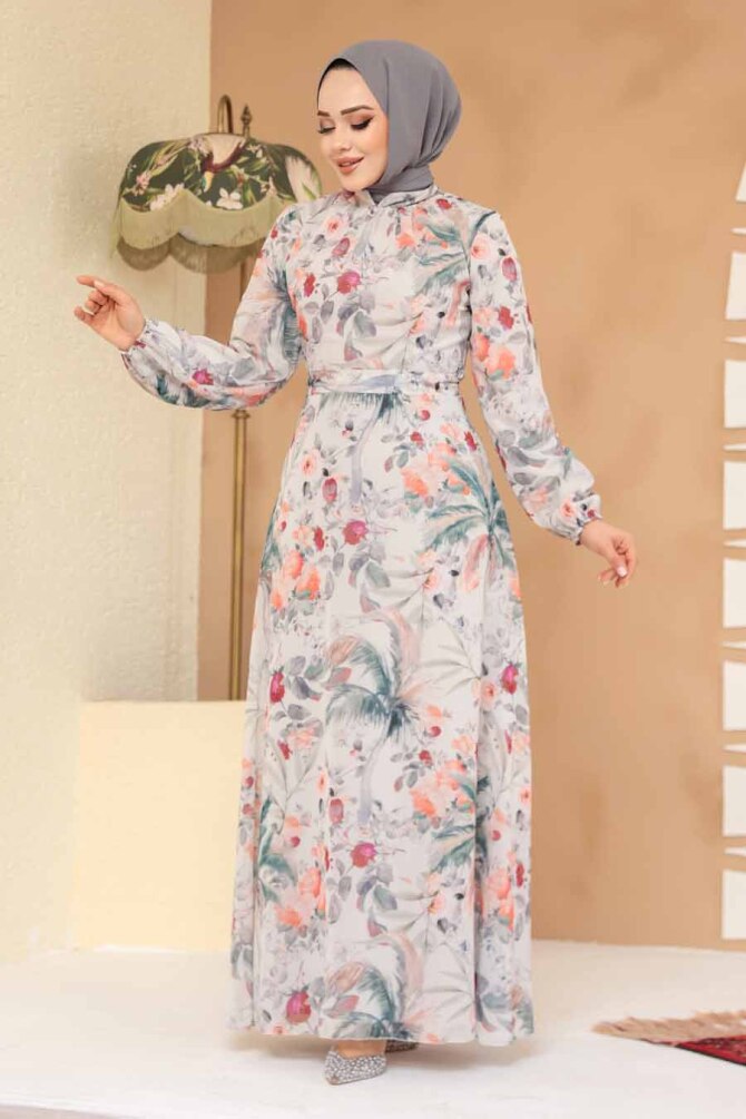 Çiçek Desenli Ekru Tesettür Elbise 27988E - 3
