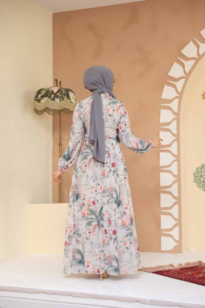 Çiçek Desenli Ekru Tesettür Elbise 27988E - 4