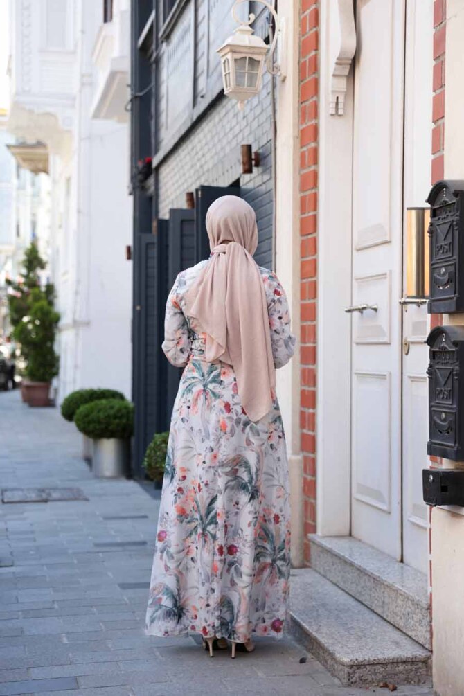 Çiçek Desenli Ekru Tesettür Elbise 27988E - 4