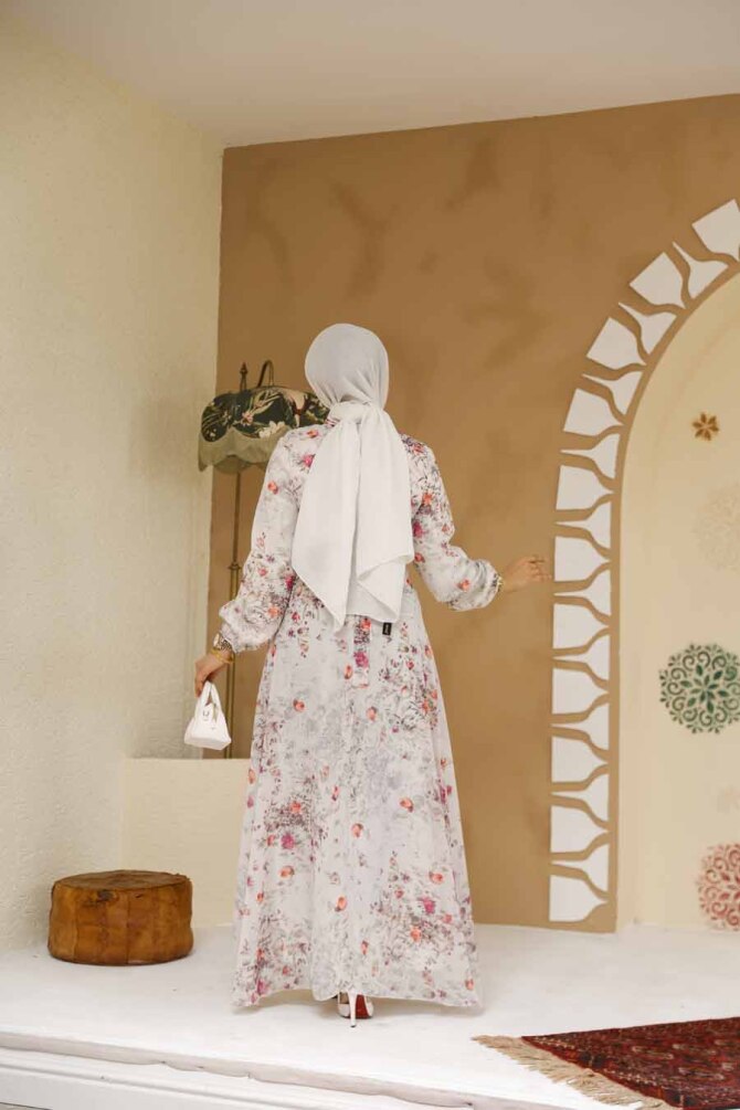 Çiçek Desenli Ekru Tesettür Elbise 27966E - 4