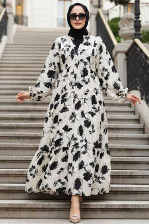 Çiçek Desenli Ekru Viskon Tesettür Elbise 235804E - 1