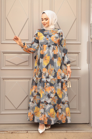 Çiçek Desenli Füme Tesettür Elbise 22056FU 