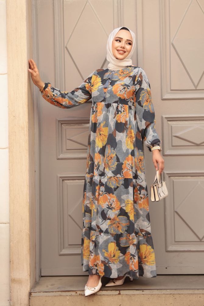 Çiçek Desenli Füme Tesettür Elbise 22056FU - 2