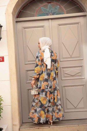 Çiçek Desenli Füme Tesettür Elbise 22056FU - 3