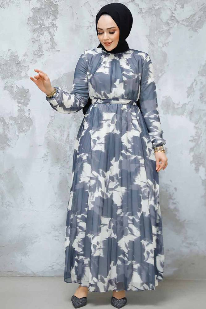 Çiçek Desenli Füme Tesettür Elbise 344602FU - 2