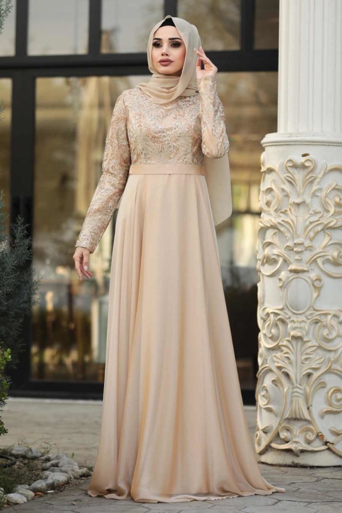 Çiçek Desenli Gold Tesettür Abiye Elbise 8495GOLD - 1