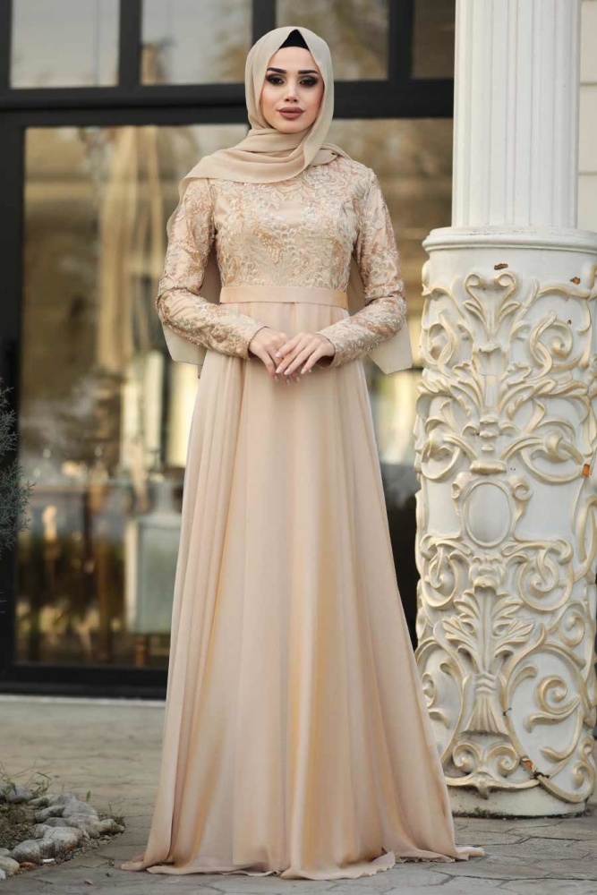 Çiçek Desenli Gold Tesettür Abiye Elbise 8495GOLD - 2