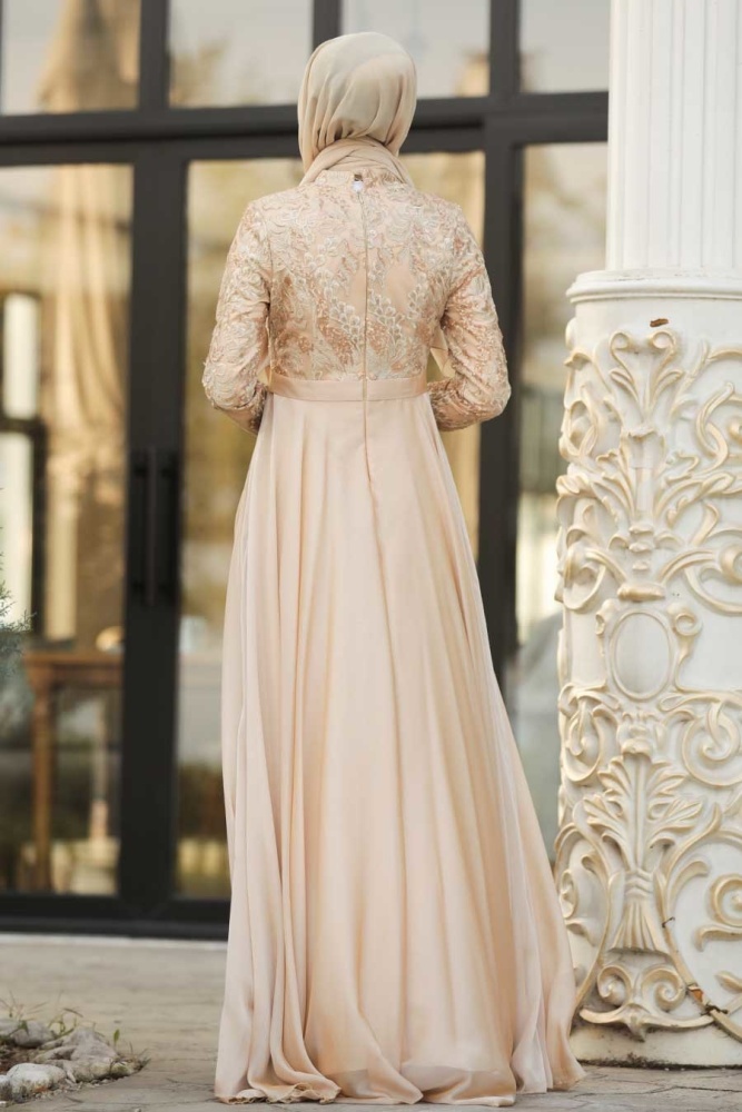 Çiçek Desenli Gold Tesettür Abiye Elbise 8495GOLD - 3