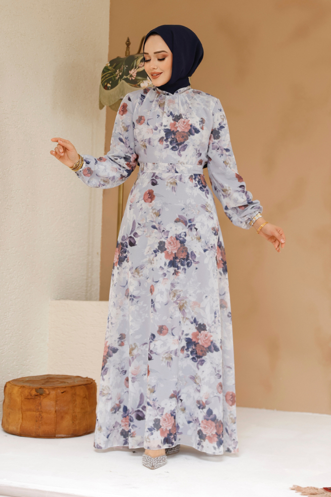  Çiçek Desenli Gri Tesettür Elbise 27961GR - 2