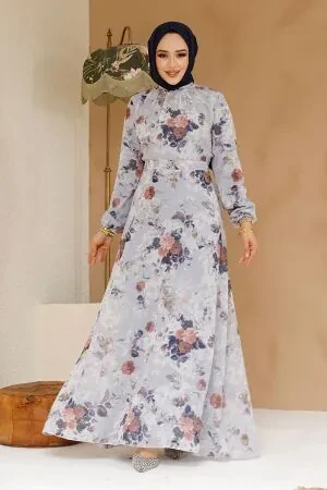  Çiçek Desenli Gri Tesettür Elbise 27961GR 