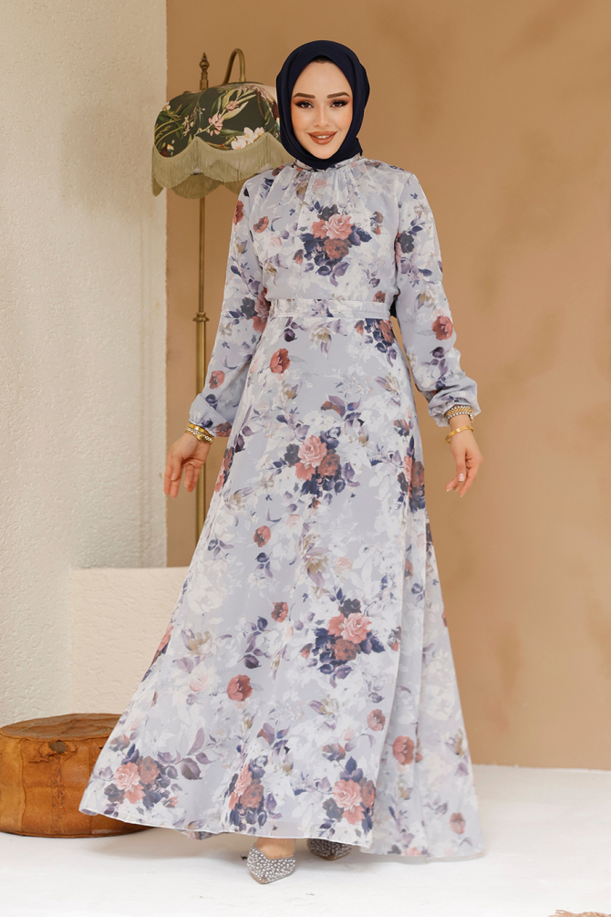  Çiçek Desenli Gri Tesettür Elbise 27961GR - 1