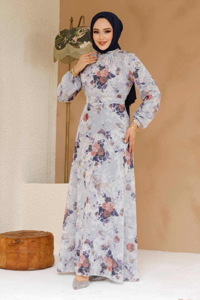  Çiçek Desenli Gri Tesettür Elbise 27961GR - 3