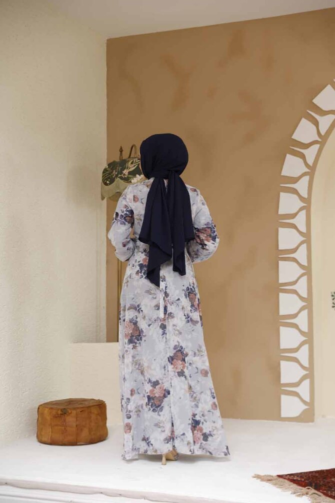  Çiçek Desenli Gri Tesettür Elbise 27961GR - 4