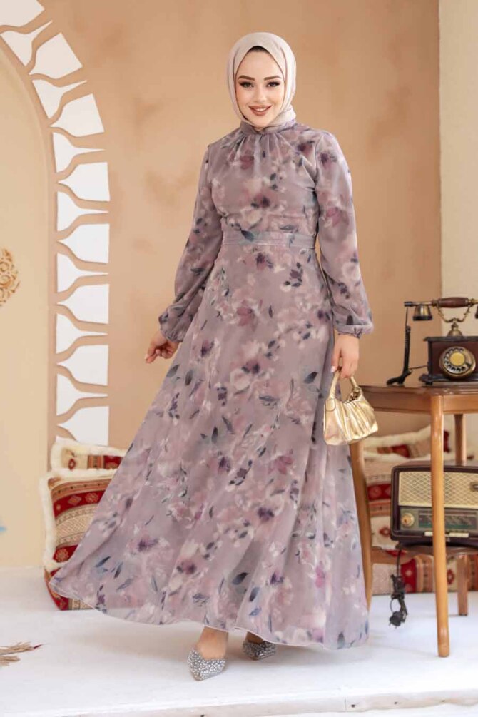Çiçek Desenli Gül Kurusu Tesettür Elbise 27987GK - 1