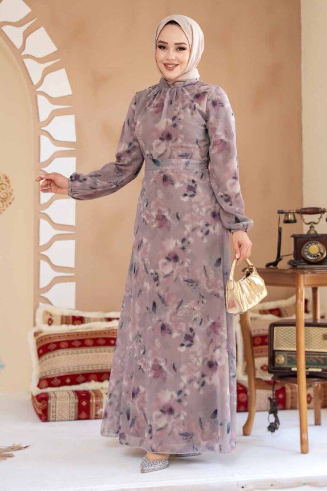 Çiçek Desenli Gül Kurusu Tesettür Elbise 27987GK - 3
