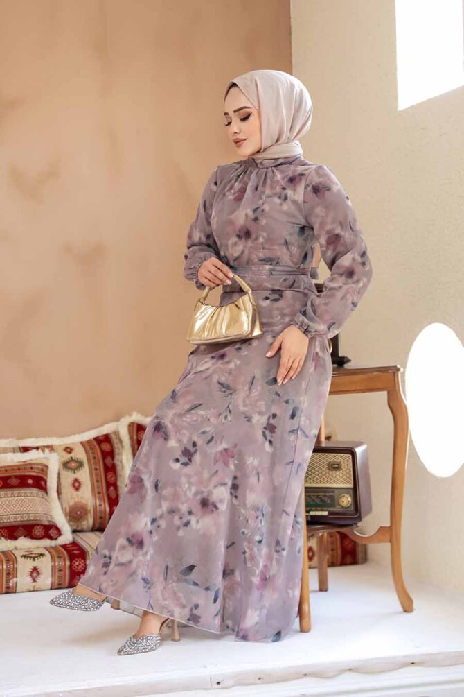 Çiçek Desenli Gül Kurusu Tesettür Elbise 27987GK - 4
