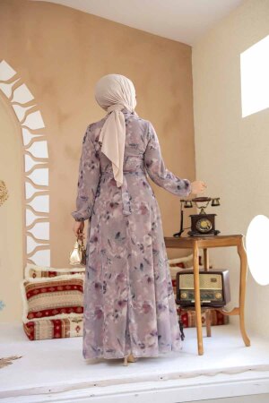 Çiçek Desenli Gül Kurusu Tesettür Elbise 27987GK - 5