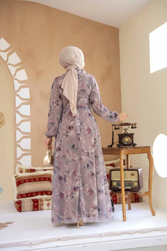 Çiçek Desenli Gül Kurusu Tesettür Elbise 27987GK - 5