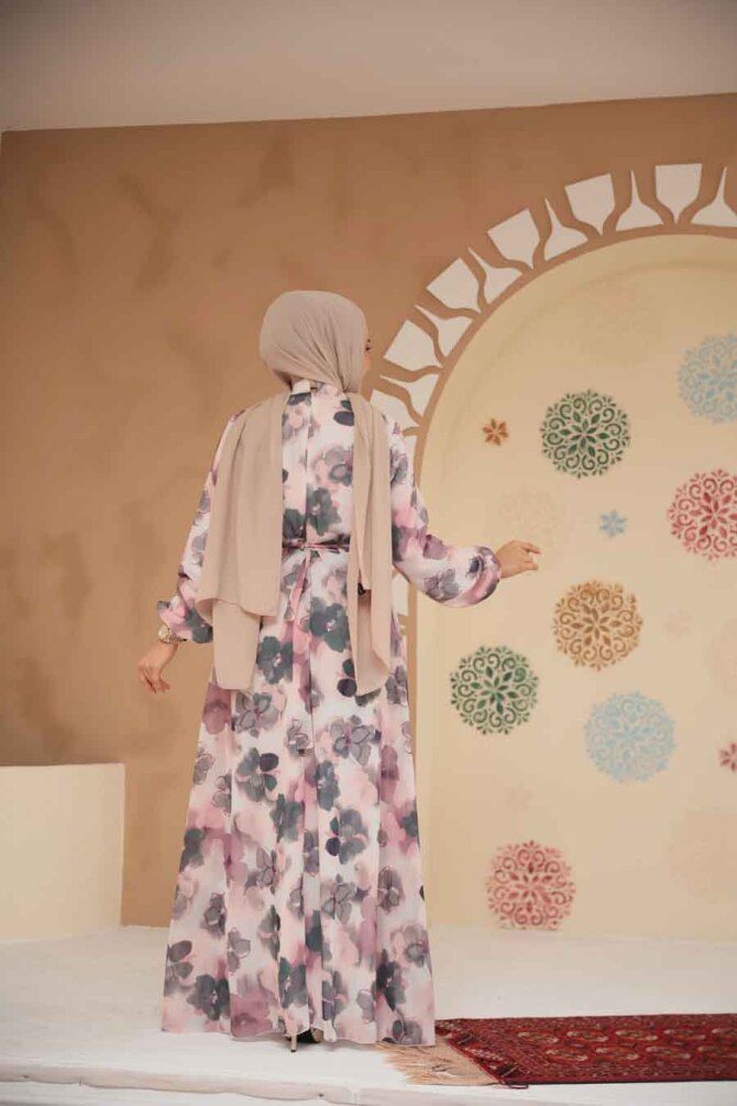 Çiçek Desenli Gül Kurusu Tesettür Elbise 279905GK - 3