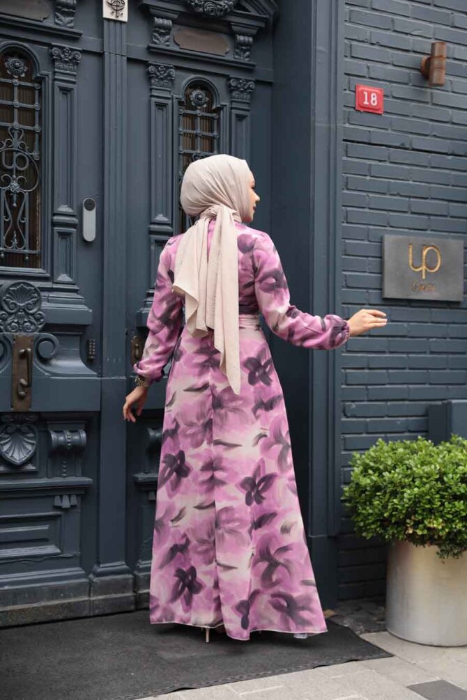 Çiçek Desenli Gül Kurusu Tesettür Elbise 279906GK - 4