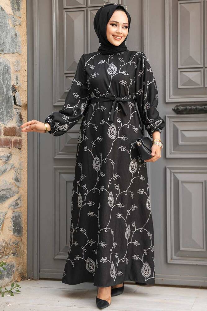 Çiçek Desenli Gümüş Tesettür Elbise 30441GMS - 1
