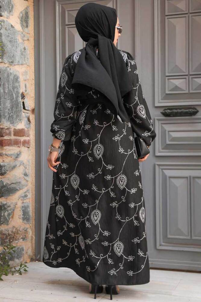 Çiçek Desenli Gümüş Tesettür Elbise 30441GMS - 2