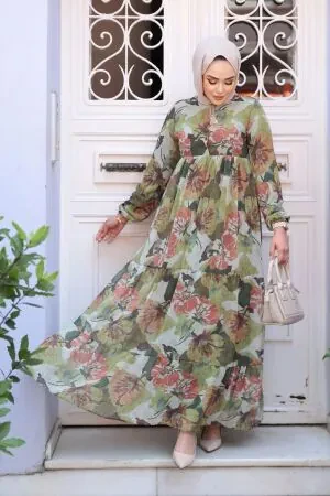 Çiçek Desenli Haki Tesettür Elbise 22056HK 