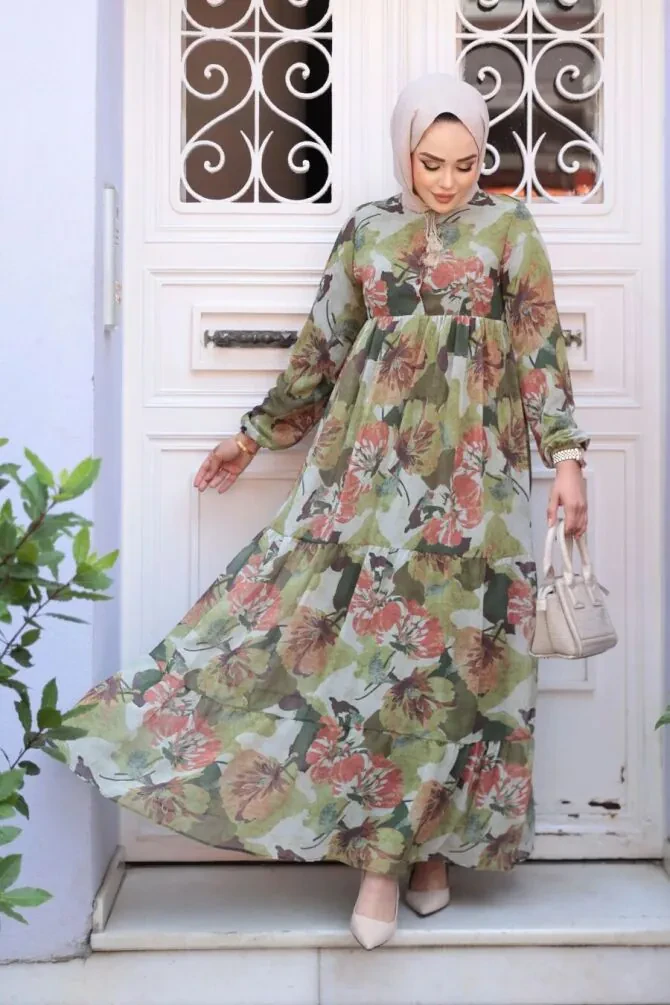 Çiçek Desenli Haki Tesettür Elbise 22056HK - 1