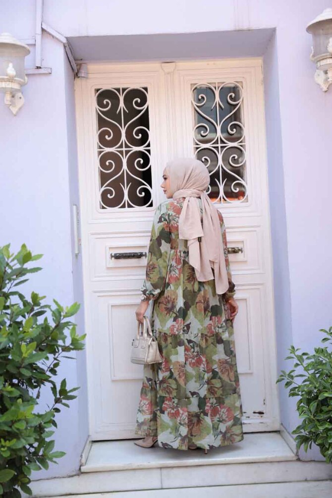 Çiçek Desenli Haki Tesettür Elbise 22056HK - 4