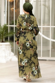 Çiçek Desenli Haki Tesettür Elbise 22352HK - Thumbnail