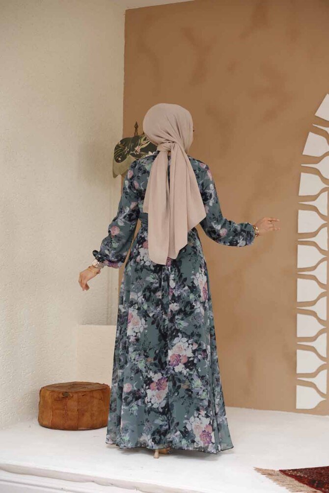Çiçek Desenli Haki Tesettür Elbise 27961HK - 3