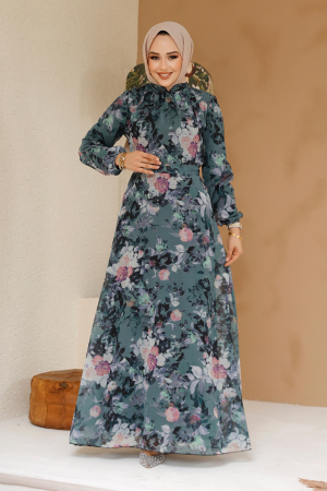 Çiçek Desenli Haki Tesettür Elbise 27961HK - 1