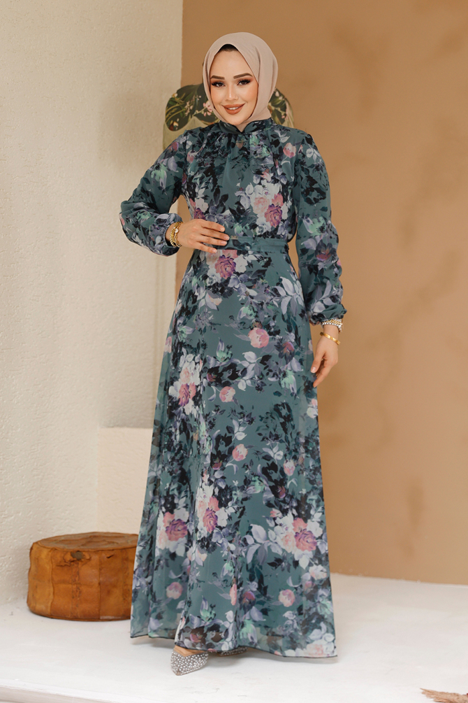 Çiçek Desenli Haki Tesettür Elbise 27961HK - 2