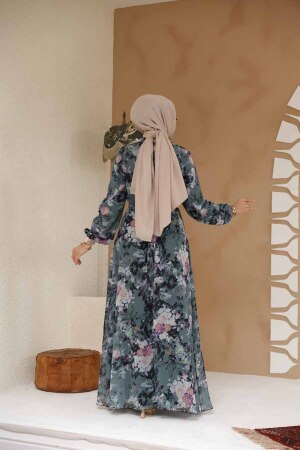 Çiçek Desenli Haki Tesettür Elbise 27961HK - 3