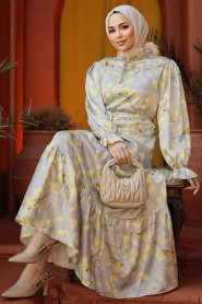 Çiçek Desenli Hardal Tesettür Elbise 60901HR - Thumbnail