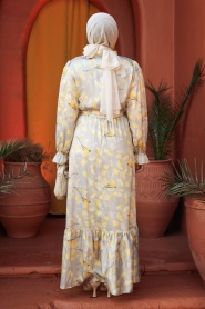 Çiçek Desenli Hardal Tesettür Elbise 60901HR - Thumbnail