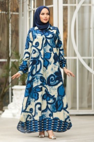 Çiçek Desenli İndigo Mavisi Tesettür Elbise 23171IM - Thumbnail