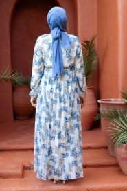 Çiçek Desenli İndigo Mavisi Tesettür Elbise 50357IM - Thumbnail