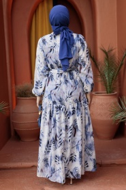 Çiçek Desenli İndigo Mavisi Tesettür Elbise 60891IM - Thumbnail