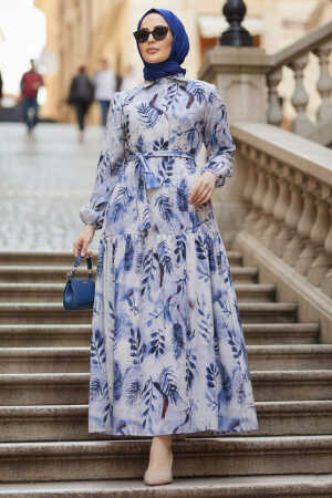 Çiçek Desenli İndigo Mavisi Tesettür Elbise 60891IM - 1