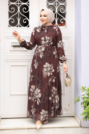 Çiçek Desenli Kahverengi Tesettür Elbise 50355KH - 1