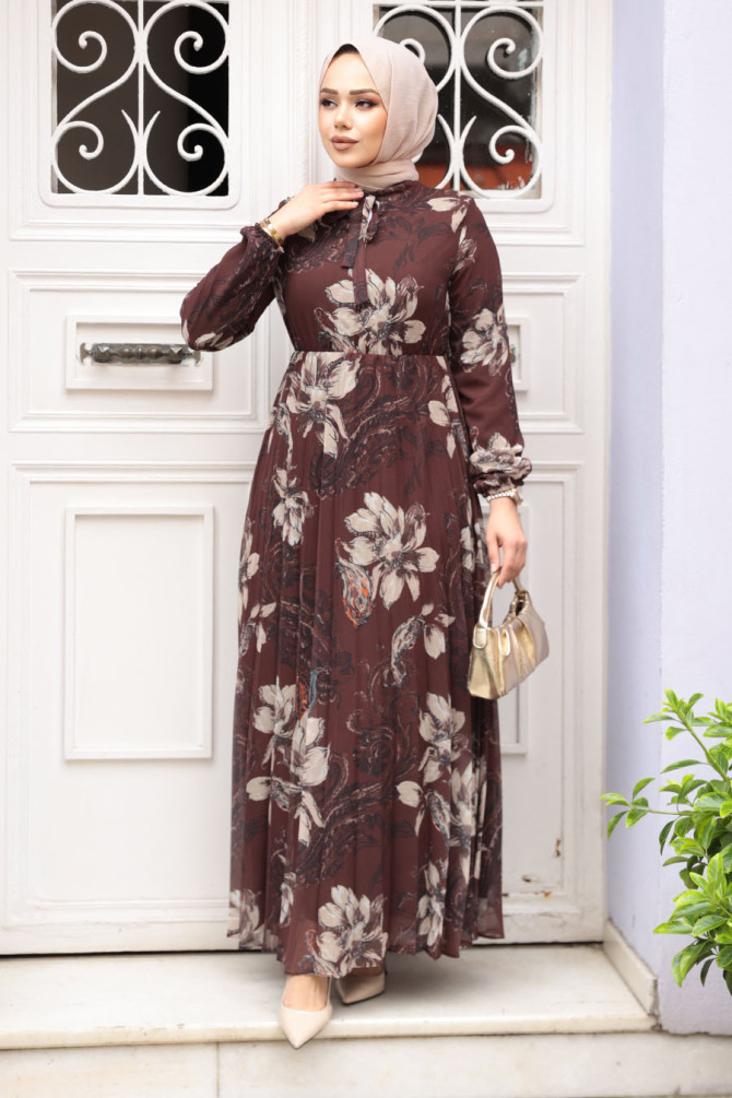 Çiçek Desenli Kahverengi Tesettür Elbise 50355KH - 2