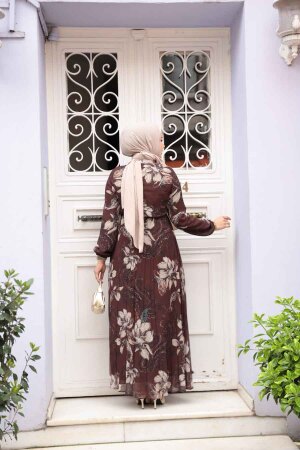 Çiçek Desenli Kahverengi Tesettür Elbise 50355KH - 4