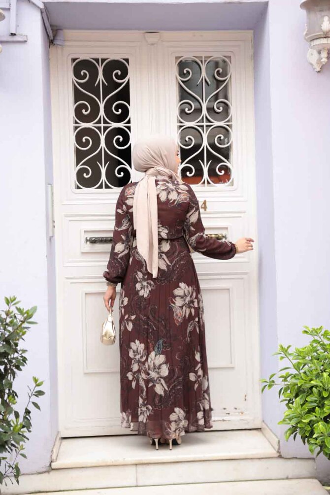 Çiçek Desenli Kahverengi Tesettür Elbise 50355KH - 4