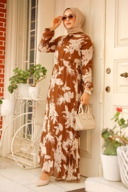 Çiçek Desenli Kahverengi Tesettür Elbise 50359KH - Thumbnail