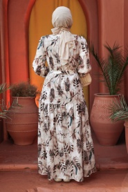 Çiçek Desenli Kahverengi Tesettür Elbise 60891KH - Thumbnail