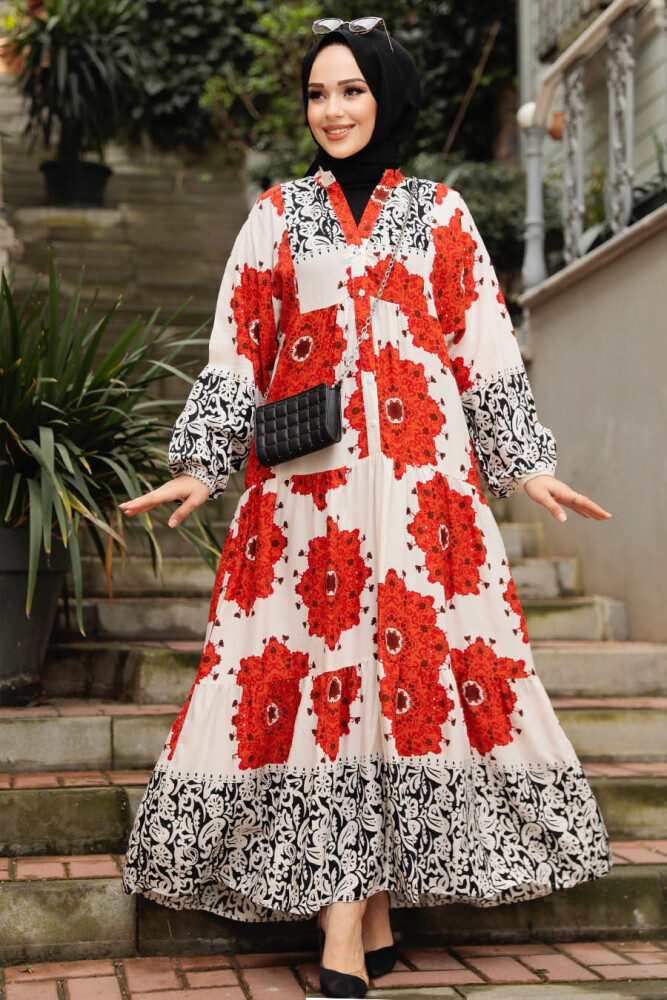 Çiçek Desenli Kiremit Tesettür Elbise 35103KRMT - 1