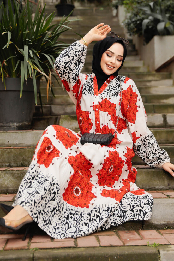 Çiçek Desenli Kiremit Tesettür Elbise 35103KRMT - 2